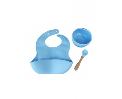 MegaZayka Посуд для дітей силіконова тарілка ложка слинявчик Блакитний